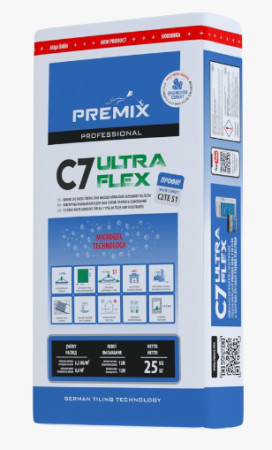 C7 ULTRAFLEX WHITE - СУПЕРЭЛАСТИЧНЫЙ КЛЕЙ ДЛЯ КАФЕЛЯ НА ОСНОВЕ БЕЛОГО ЦЕМЕНТА PREMIX 25КГ